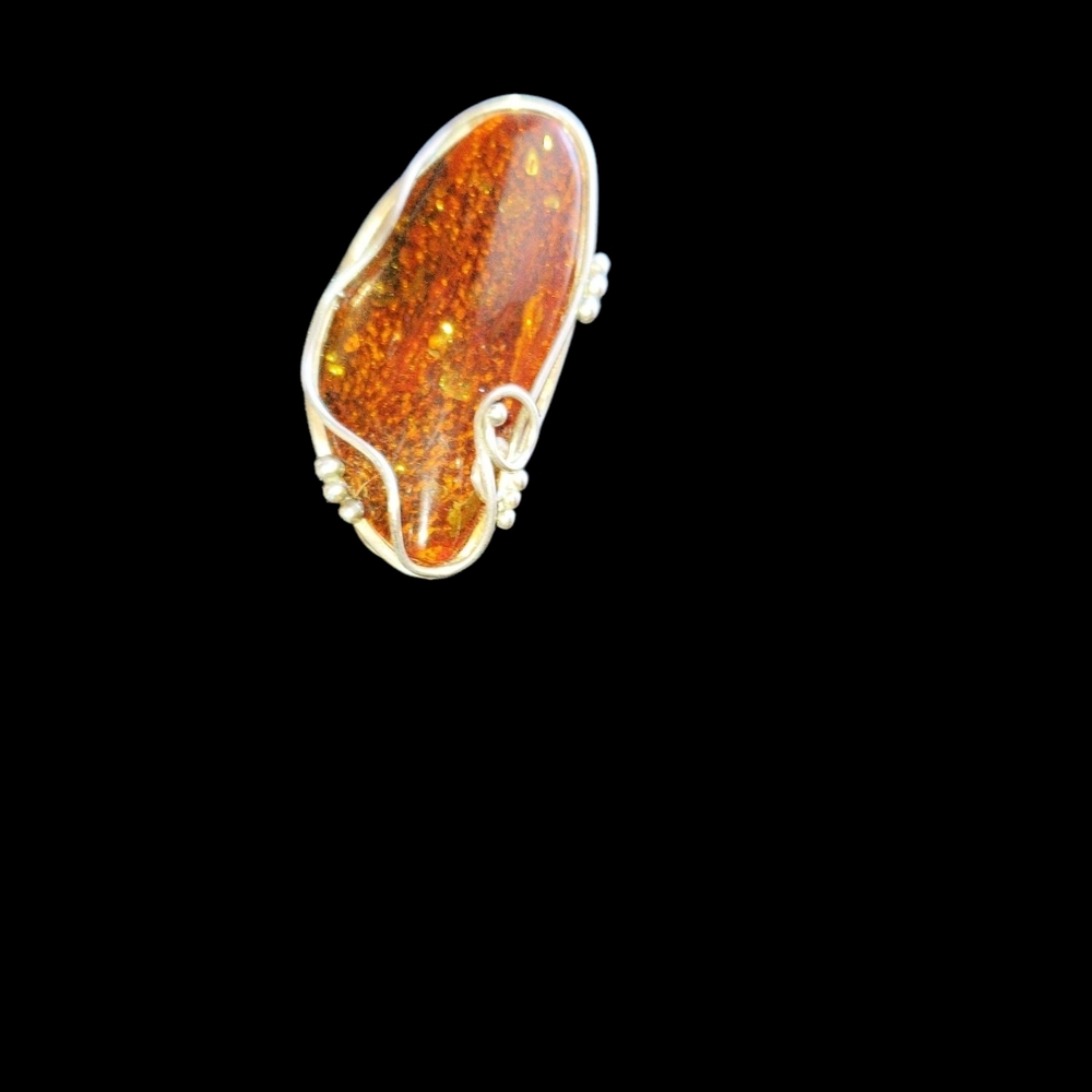Amber Cabochon Statement Ring - Silver Setting - image 1